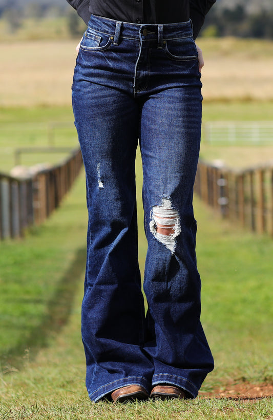 Petra 153 - Distressed Super High Rise ultra flare Dark wash